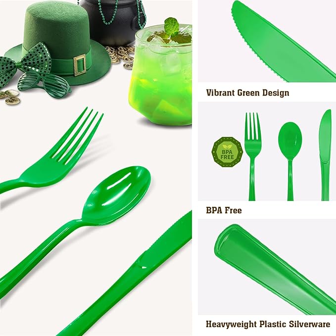 150 Pack Green Plastic Silverware, Green Utensils, Disposable Plastic Cutlery Set Include 50 Forks, 50 Knives, 50 Spoons for St Patrick's Day, Birthday, Graduation Party