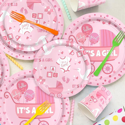 Baby Girl Shower Decorations for 24 Guests - It’s A Girl Decorations Kit Including Disposable Plates, Napkins, Cups, Tablecloth & Banner for Baby Shower Decorations Girl
