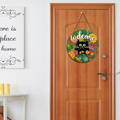Welcome Spring Black Cat Sign for Front Door Decor Spring Summer Flowers Door Hanger for Outdoor Outside Porch Seasonal Summer Farmhouse Wooden Wreath Colorful Wall Hanging Decoration 12"x12"