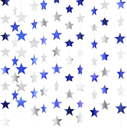 Patelai Glitter Star Garland Banner Christmas Decor 130 Feet Star Hanging Bunting Banner Twinkle Backdrop for Homecoming Classroom Wedding Birthday Halloween Party Supplies(Ocean Blue, Glitter Silver)