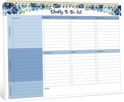 Taja Weekly To Do List Notepad with 52 Undated Sheets（8.5"×11"）- Weekly Desk Planner for Women & Man, Work and Home - 1 Pack Azure Bloom