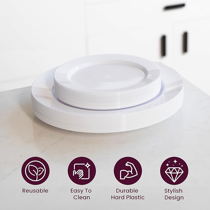 120 White Plastic Plates Disposable, Heavy Duty for Party - 60 Dinner Plates 10-Inch and 60 Salad Dessert Appetizer Plates 8-Inch, Hard Party Plate Elegant Holiday Parties, White Plates Disposable