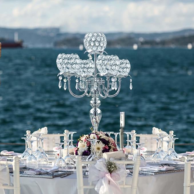5 Arm Crystal Strap Pendant Silver Table Decor Candelabra Set of 2, 22.5 inches Elegant Dining Room Centerpieces for Holiday Parties Weddings