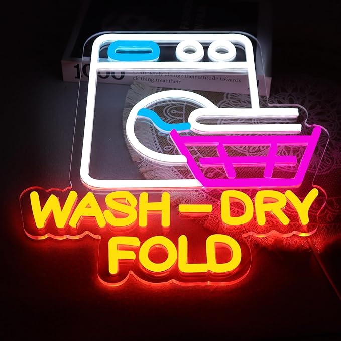 Wash Dry Fold Neon Sign LED Light Up Wall Decor for Laundry Room Home & Laundromat - USB Powered 12x14 Inch Hanging Decorative Lights Gift Idea