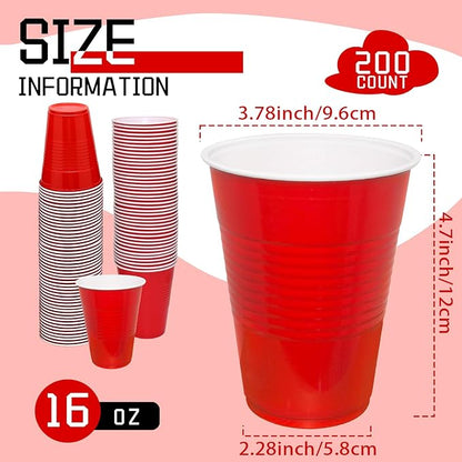 200 Count Plastic Cups Disposable - 16 oz Red Cups for Party Birthday Picnics Christmas Party