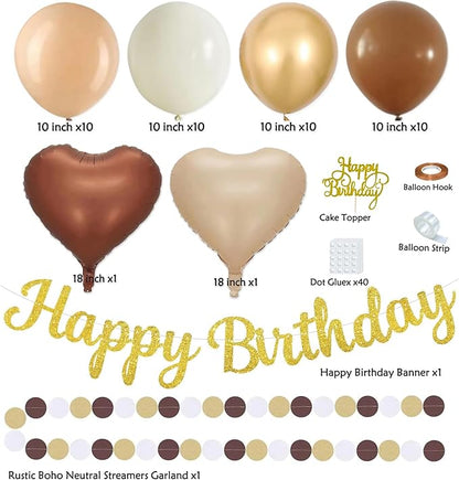 Boho Brown White Birthday Decorations - 62pcs Happy Birthday Banner, Neutral Rustic Paper Lanterns Honeycomb, Hanging Streamers, Tissue Pom Poms Flower Fan, Birthday Decorations for Women Girl Boys