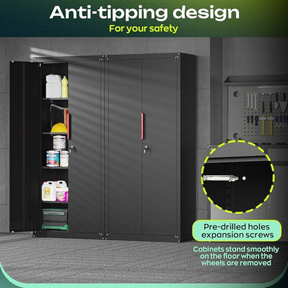 71" H Garage Storage Cabinet with Wheels,Metal Cabinets with 4 Adjustable Shelves and 2 Locking Doors for Garage,Home,Office,Shop,Black