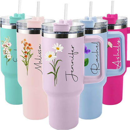 ThermoThrill Ships Next Day, Personalized 40 Oz Tumbler with Handle and Straw Custom Tumbler with Text Stainless Steel Mug Birthday Gifts for Women
