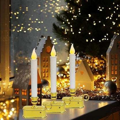 Set of 4 Battery Operated LED Window Candles with Dusk to Dawn Sensor, Flicker Flame Christmas Candles with Gold Base, 10 Inch Flameless Taper Candle Lights for Table Window Bedroom Christmas Decor