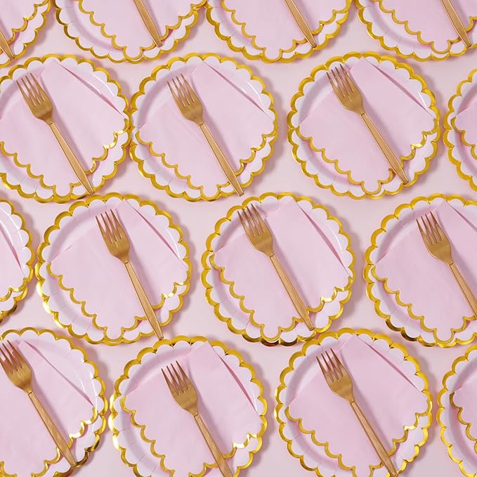 Pink & gold scalloped party plates with napkins and fork gold foil border, 24 Guest Pink disposable Tableware Set Party Decoration for Birthday Coquette Bridal Baby Shower Valentines