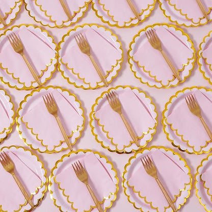 Pink & gold scalloped party plates with napkins and fork gold foil border, 24 Guest Pink disposable Tableware Set Party Decoration for Birthday Coquette Bridal Baby Shower Valentines