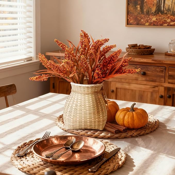KBREE 16" Artificial Fall Grain Bundles for Thanksgiving Decoration, 4 Packs Rustic Harvest Sheaves with Aged Leaves, Faux Grain Bouquets for Thanksgiving Table Centerpiece, Farmhouse Decor (Russet)