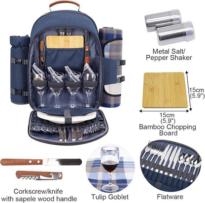Sunflora Picnic Backpack for 4 Person Set Pack with Insulated Waterproof Pouch for Family Outdoor Camping (Navy Blue)