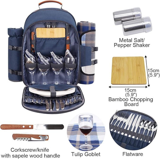 Sunflora Picnic Backpack for 4 Person Set Pack with Insulated Waterproof Pouch for Family Outdoor Camping (Navy Blue)