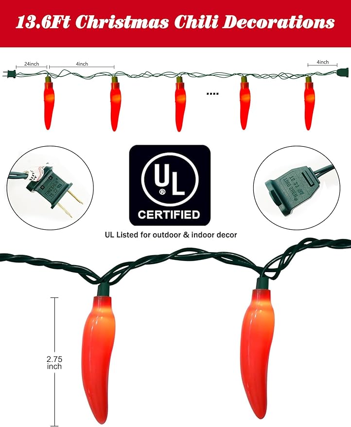 Christmas Chili Pepper Lights Red, 13.6FT Chili Lights with 35 Hot Red Chili Pepper Bulbs for Outdoor Indoor Kitchen Garden Patio Christmas Mexican Party Decor
