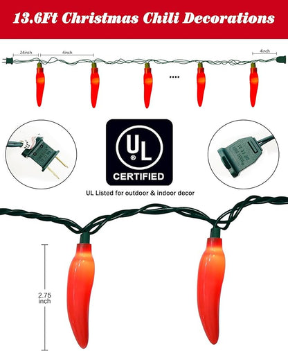 Christmas Chili Pepper Lights Red, 13.6FT Chili Lights with 35 Hot Red Chili Pepper Bulbs for Outdoor Indoor Kitchen Garden Patio Christmas Mexican Party Decor