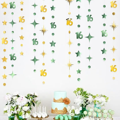 Sage Green Gold Number 16 Circle Dot Twinkle Star Garland Streamer Bunting Banner Backdrop Decorations for Girls Happy 16th Birthday Sweet Sixteen 16th Anniversary Cheers to 16 Years Party Decor