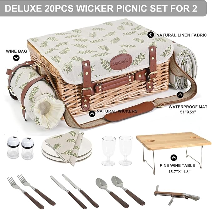 Multifunctional Wicker Picnic Basket Set for 2 with Blanket and Picnic Table, Insulated Picnic Set with Full Tablewares for Camping Outdoor Couples,Leaf
