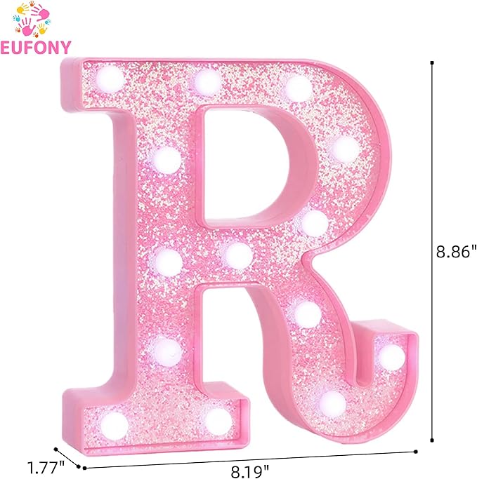 Pink LED Marquee Light Up Letters, Glitter Alphabet Letter Lights for Birthday Party Decorations, Battery Operated Letter Signs for Girls Room Table Decor, Pink letter R with Cool White Lights
