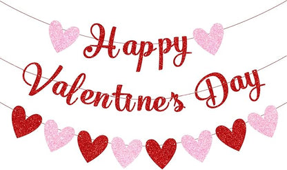 CAVLA Red Glittery Happy Valentine's Day Banner and Red Pink Glittery Hearts Banner Valentine's Day Banner Garland with Heart Signs Valentines Day Party Decorations for Valentines Wedding Anniversary Engagement Party Supplies