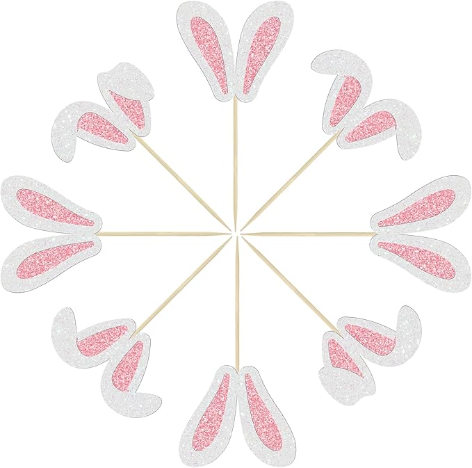 Ephlyn 24 Pcs Happy Cupcake Toppers Glitter Rabbit Ear Cupcake Picks Happy Easter Day Theme Baby Shower Kids Birthday Party Cake Decorations