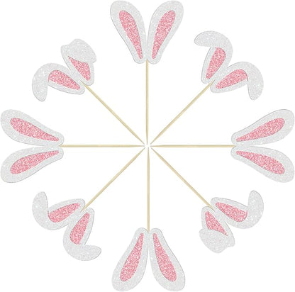 Ephlyn 24 Pcs Happy Cupcake Toppers Glitter Rabbit Ear Cupcake Picks Happy Easter Day Theme Baby Shower Kids Birthday Party Cake Decorations