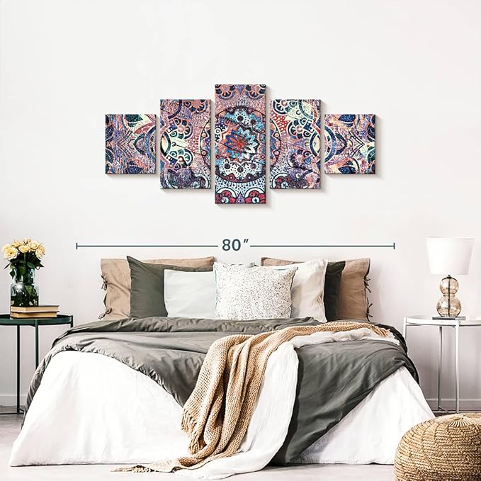 ElephantStock - Mandala Enchantment Wall Art - Horizontal Multi Panel Canvas - 5 Piece Living Room Wall Decor - Digital Art Elements Multi Piece Wall Art - Blue And Beige Decor - 68" x 30"