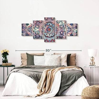 ElephantStock - Mandala Enchantment Wall Art - Horizontal Multi Panel Canvas - 5 Piece Living Room Wall Decor - Digital Art Elements Multi Piece Wall Art - Blue And Beige Decor - 68" x 30"