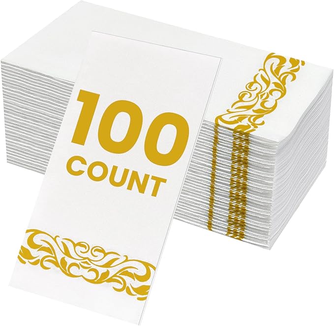 100 Pack Napkins Disposable Guest Towels Linen-Feel Decorative Napkins Soft and Absorbent Dinner Paper Hand Towels for Bathroom Party Powder Room Hotel Fancy Restaurant (100 Gold Floral)