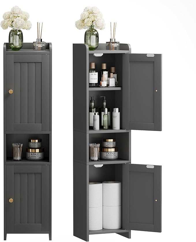 Bathroom Cabinet with 2 Doors, 7.3 x 9.8 x 40.4 Inches, Small Freestanding Storage Cabinet with Adjustable Shelf, Floor Cabinet for Small Spaces, Bathroom, Entrances, Kitchen, Black