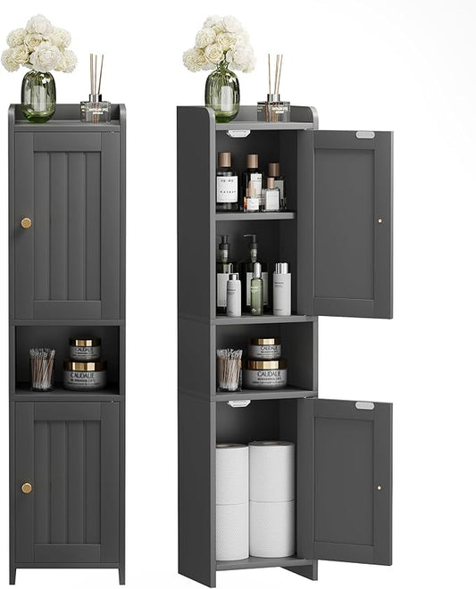 Bathroom Cabinet with 2 Doors, 7.3 x 9.8 x 40.4 Inches, Small Freestanding Storage Cabinet with Adjustable Shelf, Floor Cabinet for Small Spaces, Bathroom, Entrances, Kitchen, Black