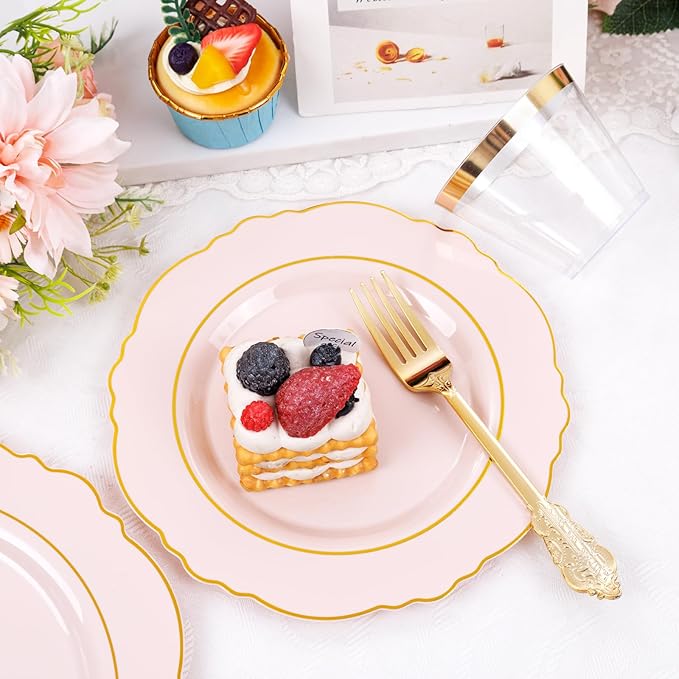 Liacere 350PCS Pink Plates Disposable - Pink and Gold Plates 50guest Baroque Plastic Dinnerware include 100Plates, 50Pack Pre Rolled Napkins with Silverware 50Cups Perfect for Valentine's Day