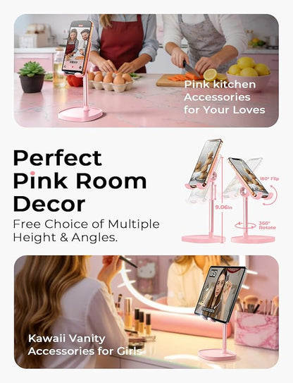 LISEN Pink Gifts Home Girls Room Decor for Desk Accessories, Cute Desk Pink Phone Stand Office Vanity Accessories for Girls Moms Bathroom Essentials Decor for iPhone Kindle Stand 4-10 inch Tablet