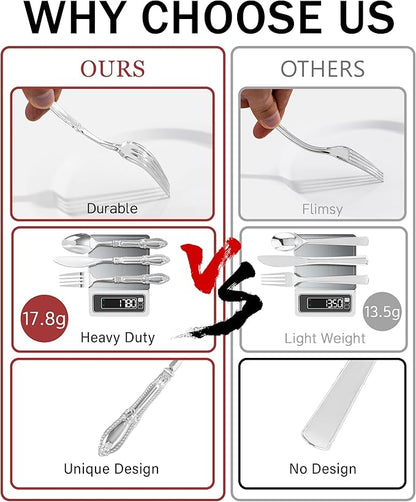 Nervure 90PCS Silver Plastic Silverware - Heavy Duty Disposable Cutlery Set, Luxury Silver Plastic Utensils include 30Pcs Forks, 30Pcs Spoons, 30pcs Knives. Perfect for Wedding, Party, Daily Use