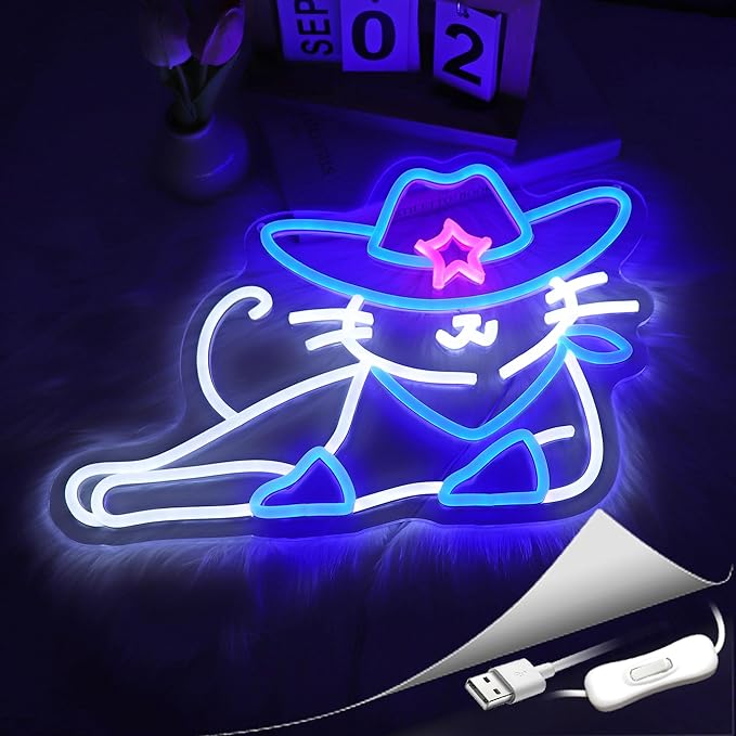 Cowboy Cat Neon Sign, Neon Signs for Wall Decor Neon LED Signs Room Neon Light Up Signs Home Decor for Bedroom Club Party Bar Shop USB Operated