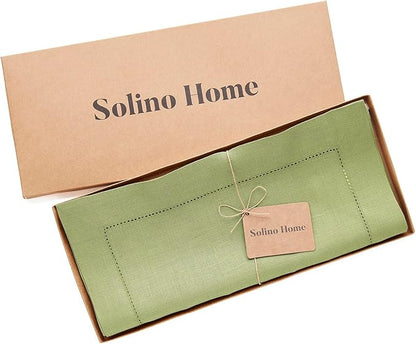 Solino Home Linen Moss Green Table Runner 90 Inches Long - 100% Pure Linen Hemstitch 14 x 90 Inch Table Runner for Dining, Fall, Autumn, Winter - Classic Hemstitch
