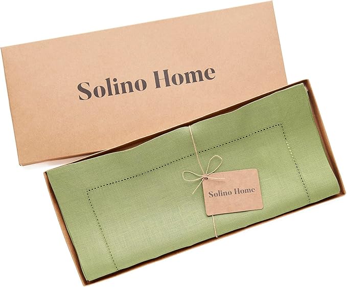 Solino Home Linen Moss Green Table Runner 72 Inches Long - 100% Pure Linen Hemstitch Table Runner 14 x 72 Inch for Dresser, Dining, Fall, Autumn, Winter - Classic Hemstitch