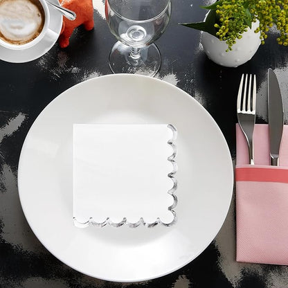 200 Pack White and Silver Paper Napkins Scalloped Cocktail Napkins White Disposable Beverage Napkins for Birthday Baby Shower Wedding Party Supplies Dinnerware Tableware Decorations