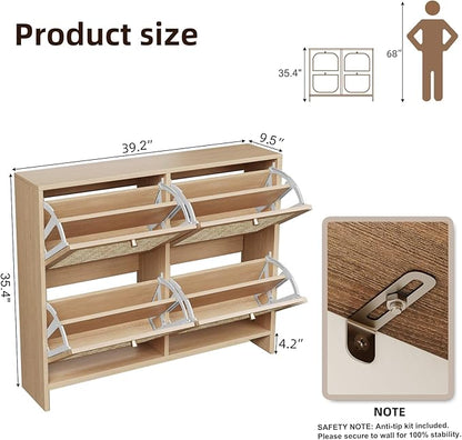 Nicetree Shoe Cabinet Storage for Entryway, 4-Flip Drawer Narrow Shoe Rack, Organic Modern Rattan Shoe Organizer with Gold Legs, Shoe Organizer Fits Men's Size 13.5, Sun-Drenched Amber Oak
