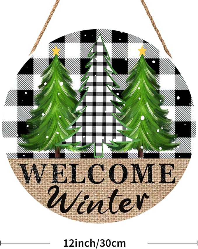Welcome Winter Front Door Sign 12in Hello Winter Buffalo Plaid Door Sign Farmhouse Pine Trees Wood Door Hanger for Outdoor Outside Porch Rustic Winter Trees Hanging Plaque for Home Wall Decor