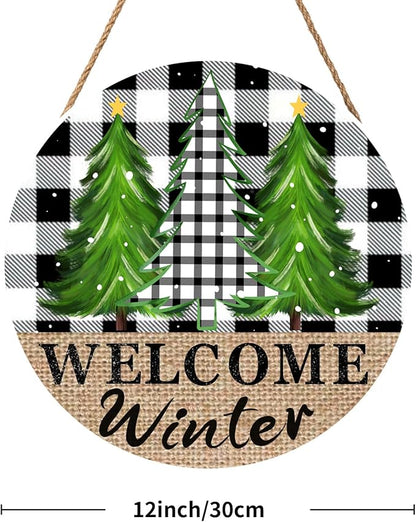 Welcome Winter Front Door Sign 12in Hello Winter Buffalo Plaid Door Sign Farmhouse Pine Trees Wood Door Hanger for Outdoor Outside Porch Rustic Winter Trees Hanging Plaque for Home Wall Decor