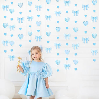 Blue Bow Decorations Blue Plaid Twill Polka Dot Bow Heart Hanging Streamer Garland Banner for Baby Shower Birthday Wedding Bridal Shower Bachelorette Coquette Anniversary Party Decorations Supplies