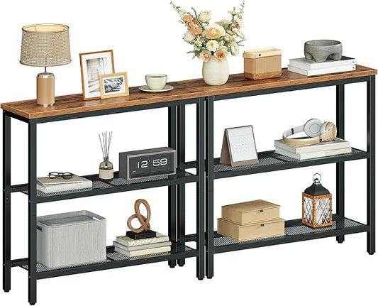 HOOBRO 29.5" Narrow Console Table, Set of 2, Entryway Table with Shelves, Thin Sofa Table, Behind Couch Table, Display Side Table, for Hallway, Entrance, Living Room, Rustic Brown and Black BF73XGP201