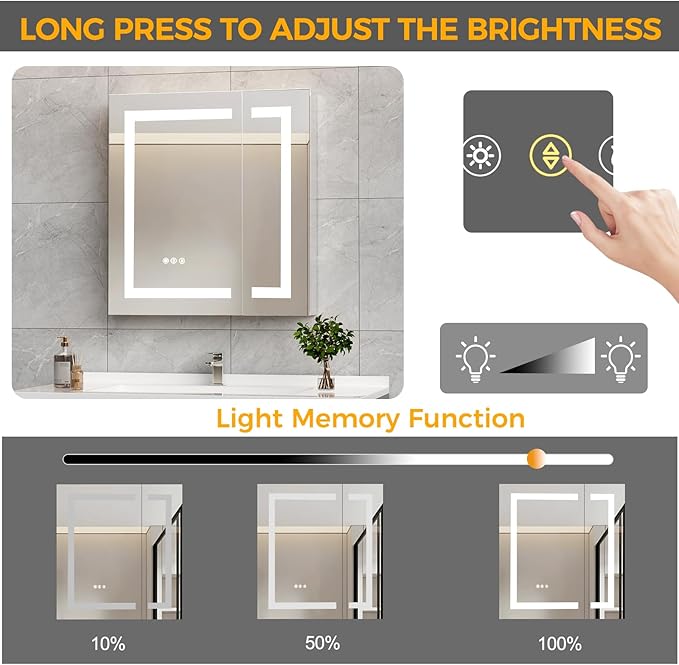 LED Bathroom Mirror 24 * 26 Stepless Dimmable Wall Mirrors with Anti-Fog, Shatter-Proof, Memory, 3 Colors, Memory Function, Water Proof, Decor Vanity Mirror