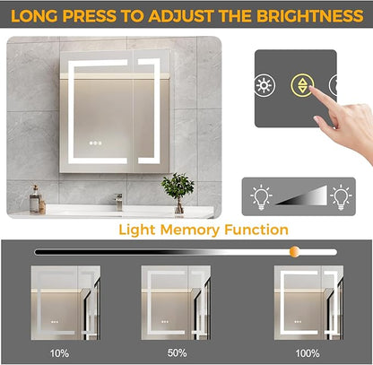 LED Bathroom Mirror 24 * 26 Stepless Dimmable Wall Mirrors with Anti-Fog, Shatter-Proof, Memory, 3 Colors, Memory Function, Water Proof, Decor Vanity Mirror