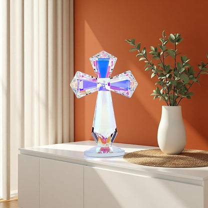 Crystal Glass Standing Cross Decor, Easter Christmas Decoration for Pary dad man，Religious Gifts for Women Men Father Mother, Handmade Glass Holy Collectible Figurines (Multicolor Crystal Cross)