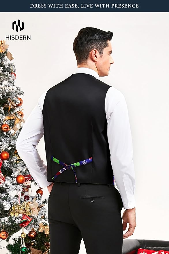 HISDERN Men's Suit Vest Christmas Holiday Season Party Jacquard Waistcoats Necktie Pocket Square Vest Suit Set