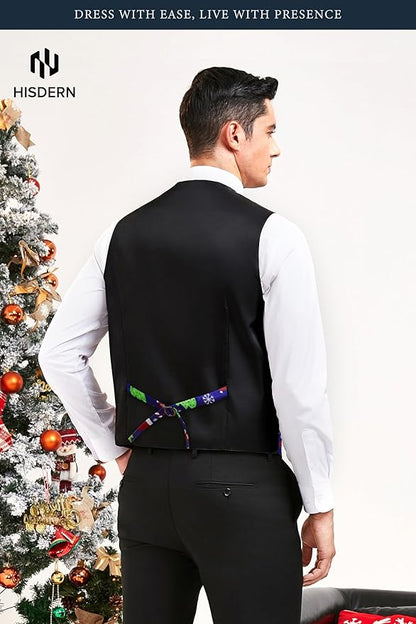 HISDERN Men's Suit Vest Christmas Holiday Season Party Jacquard Waistcoats Necktie Pocket Square Vest Suit Set