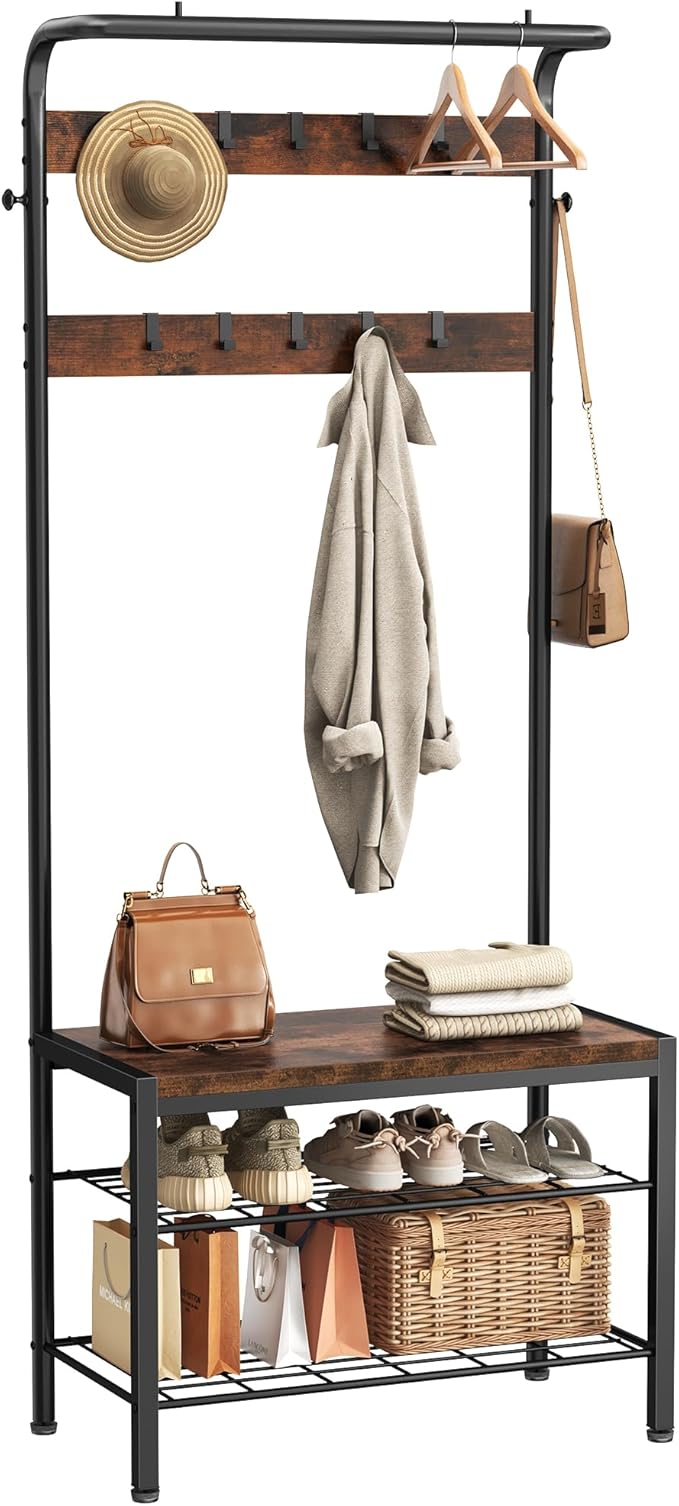 DUMOS Hall Tree with Shoe Bench and Coat Rack, Entryway Bench with Shoe Storage and Hooks, 4-in-1 Coat and Shoe Rack for Entryway, Mudroom Storage Organizer with Shelves, Rustic Brown