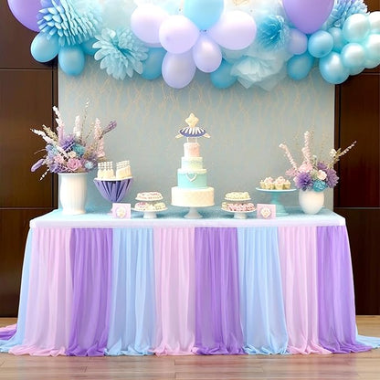 Mermaid Tulle Table Skirt Blue Pink Purple Striped Table Skirts for Rectangle Tables Frozen Baby Shower Mermaid Birthday Parties Decoration 14ft